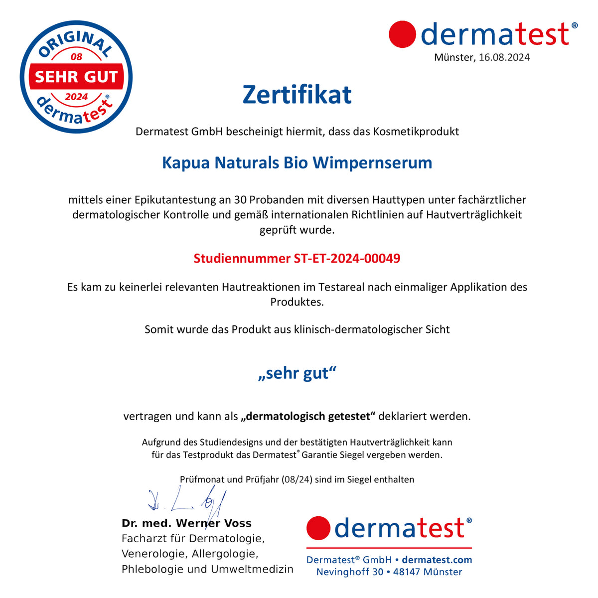 Dermatest® Zertifikat für das Kapua Naturals BIO WIMPERN SERUM, Urteil „sehr gut“