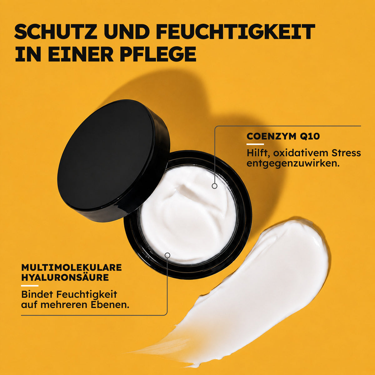 Q10 + Hyaluron – geöffneter Tiegel und reichhaltige Cremetextur