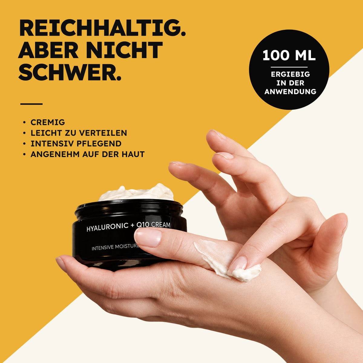 Bio Hyaluron Q10 Creme – reichhaltige Textur im 100-ml-Tiegel