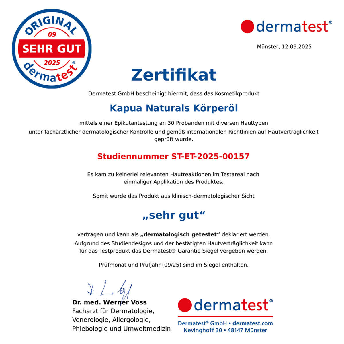 Dermatest-Zertifikat für Kapua Naturals Körperöl: sehr gut, September 2025