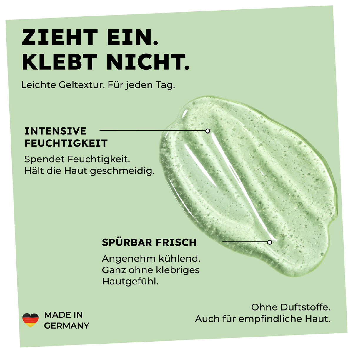 Infografik zur leichten, feuchtigkeitsspendenden Aloe-Vera-Geltextur