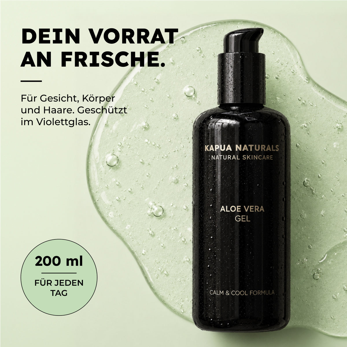 Kapua Bio Aloe Vera Gel, 200 ml im Violettglas, auf Geltextur