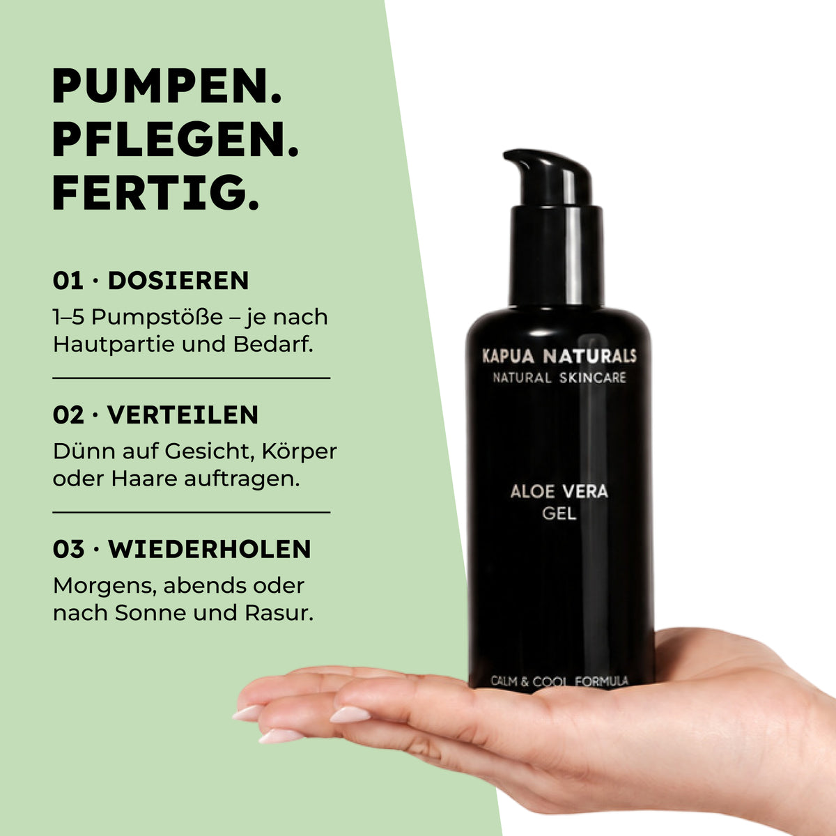 Anwendung des Kapua Bio Aloe Vera Gels in drei Schritten