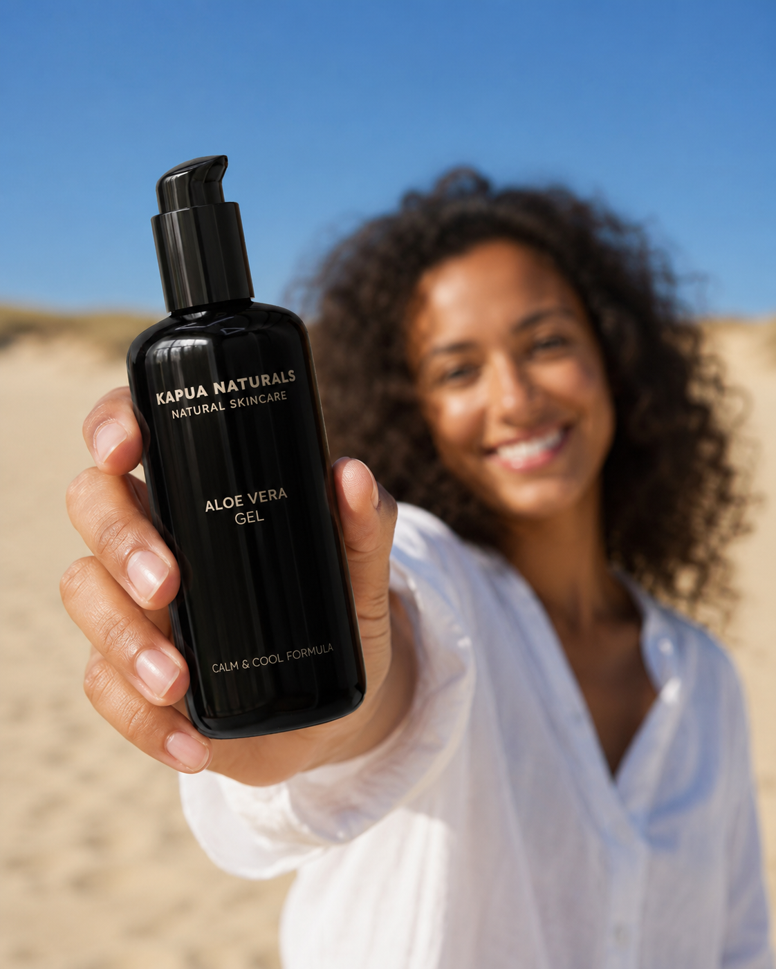 Frau hält Kapua Bio Aloe Vera Gel vor blauem Himmel in die Kamera