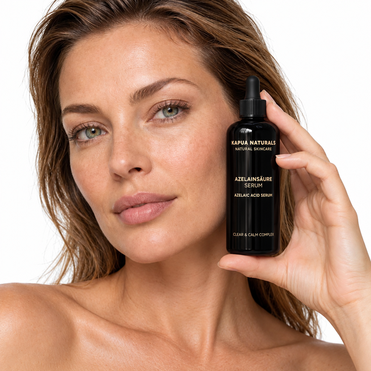 Model hält das aktuelle Bio Azelain Serum neben ihr Gesicht vor weißem Hintergrund