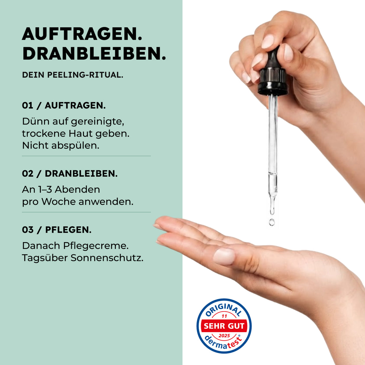 BHA-Peeling abends 1–3-mal pro Woche auftragen, nicht abspülen; danach Creme und tagsüber Sonnenschutz
