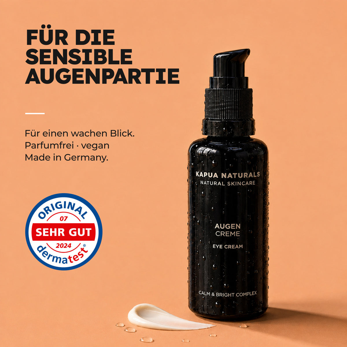 BIO AUGENCREME für die sensible Augenpartie: stehende Flasche, Creme-Textur und Dermatest-Siegel