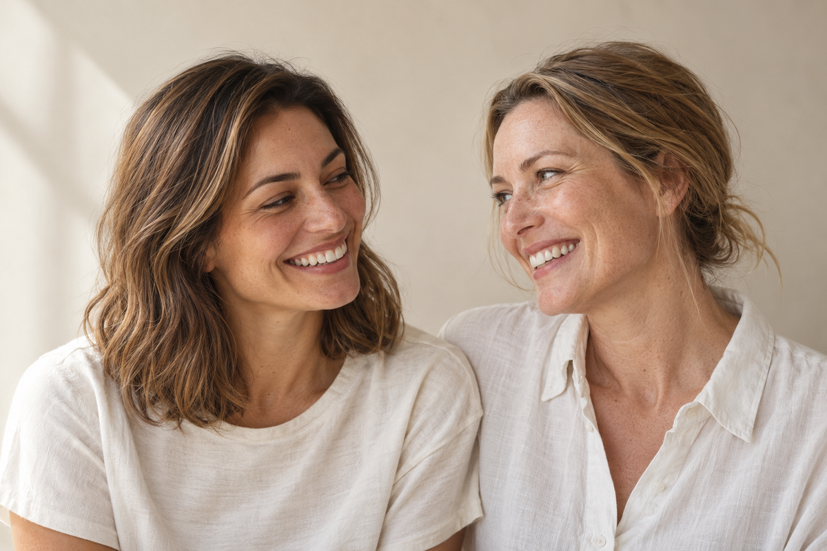 Zwei Frauen lachen gemeinsam in warmem Tageslicht.