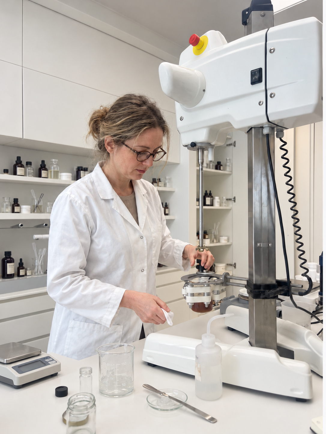 Illustrative Laborszene: Laborantin mit Brille an einem Rührgerät, mit Probenflaschen und Messinstrumenten
