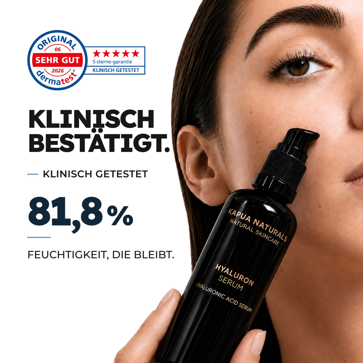 Kapua Bio Hyaluron Serum mit Dermatest Ergebnis: 81,8 Prozent bestätigen anhaltende Feuchtigkeit