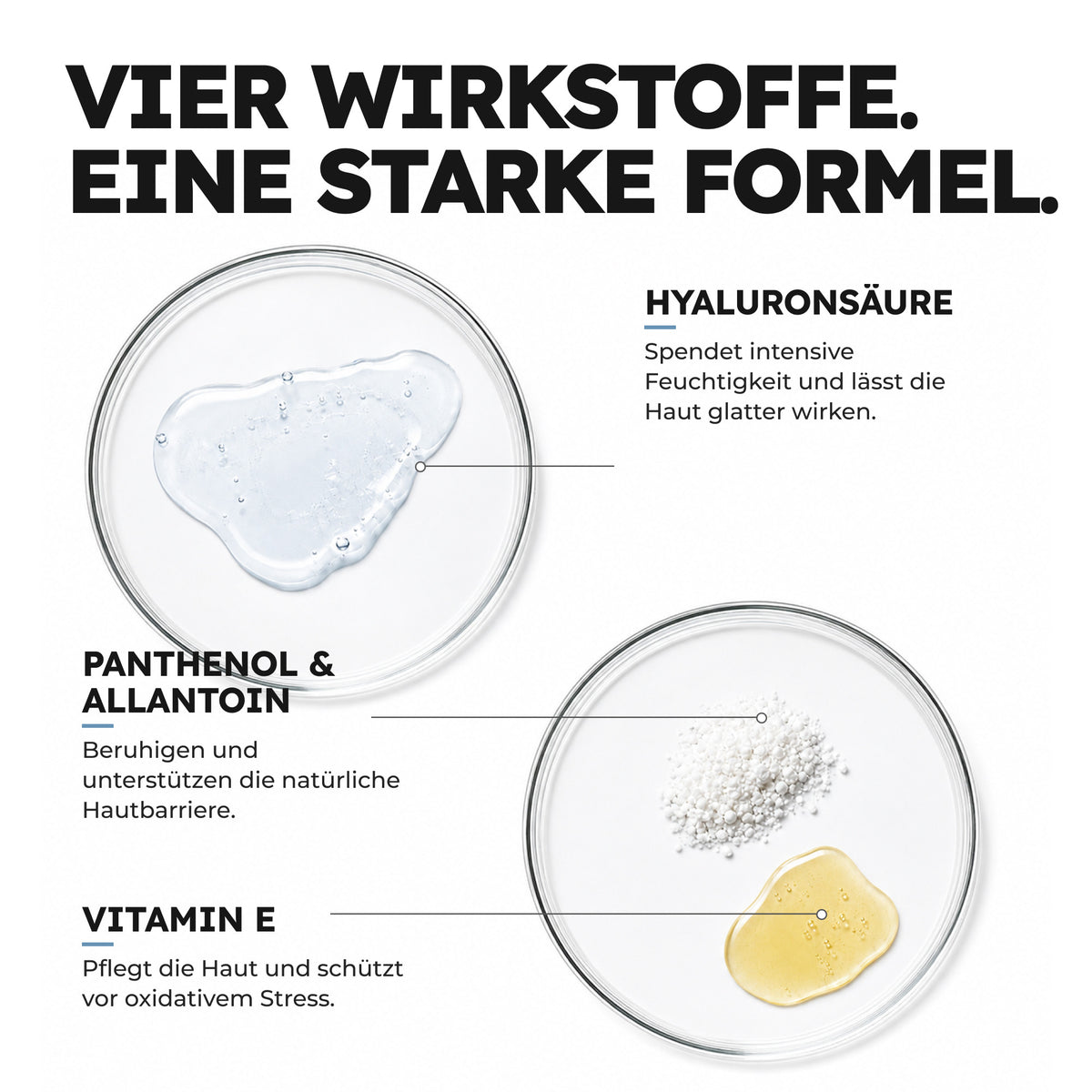 Vier Wirkstoffe im Kapua Bio Hyaluron Serum: Hyaluronsäure, Panthenol, Allantoin und Vitamin E