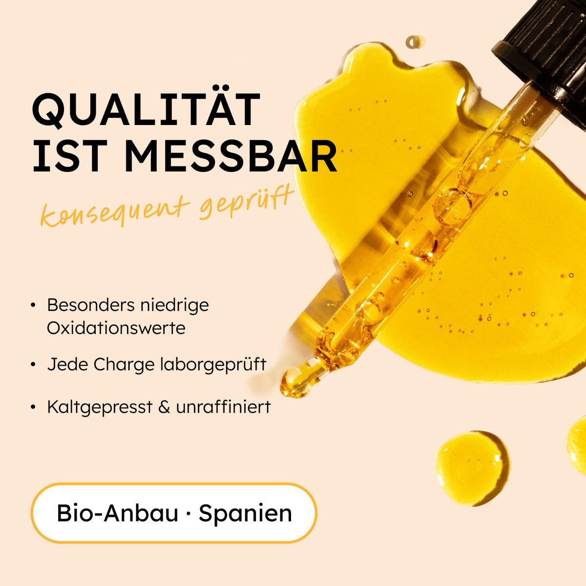 Goldenes Jojobaöl mit Pipette und Angaben zu Qualität, Laborprüfung und Kaltpressung