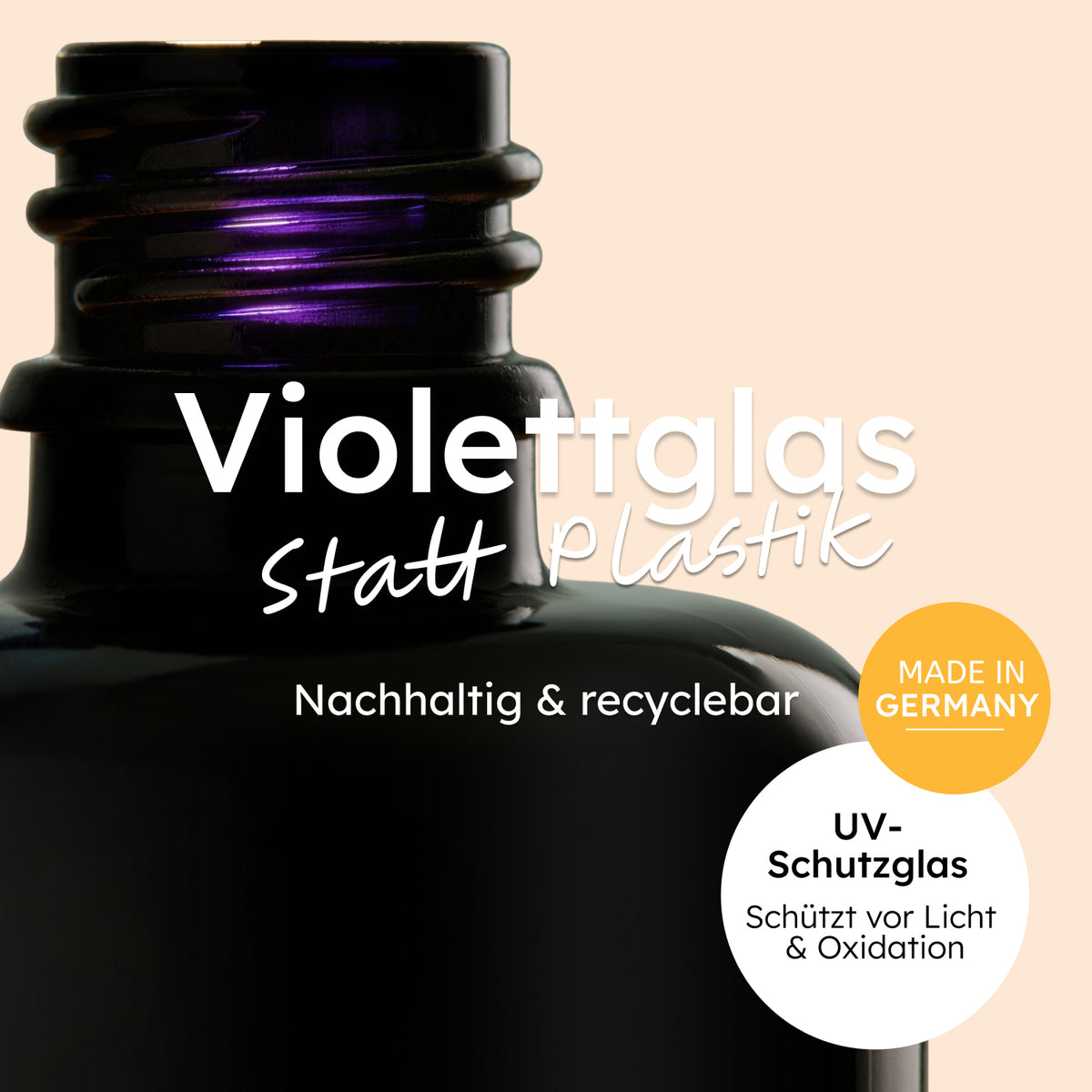 Violettglas-Flakon mit Angaben zum Lichtschutz und zur Abfüllung in Deutschland