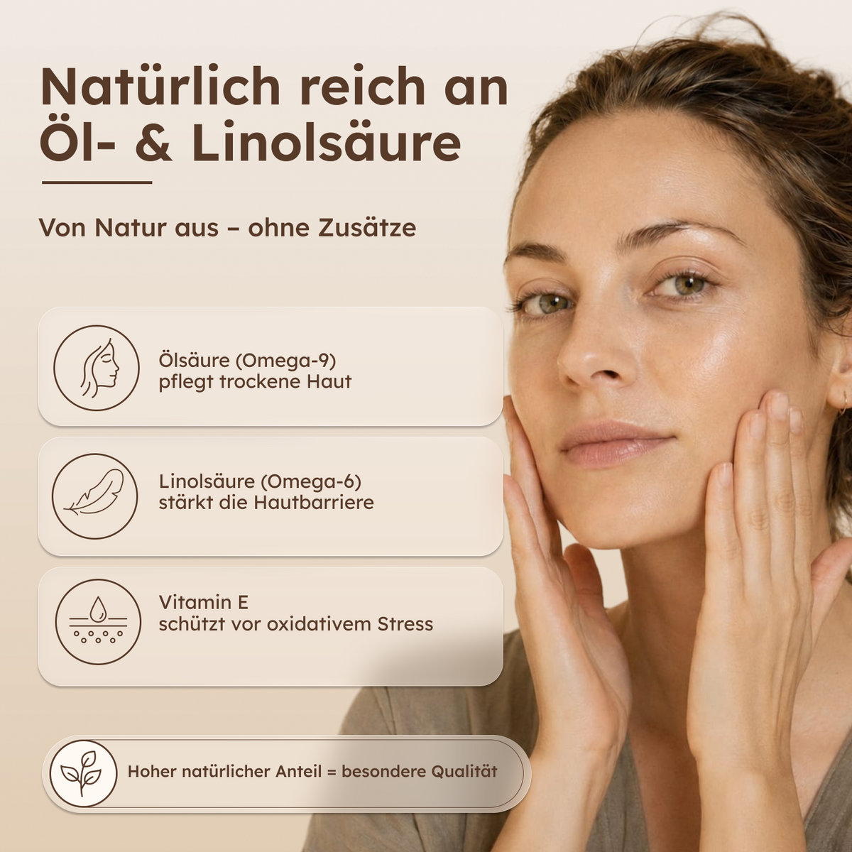 Natürlich enthaltene Öl- und Linolsäure sowie Vitamin E im Bio-Mandelöl.
