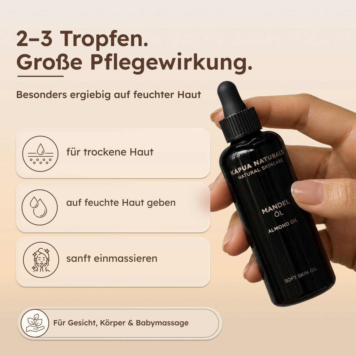 Bio-Mandelöl anwenden: 2–3 Tropfen auf feuchter Haut sanft einmassieren.