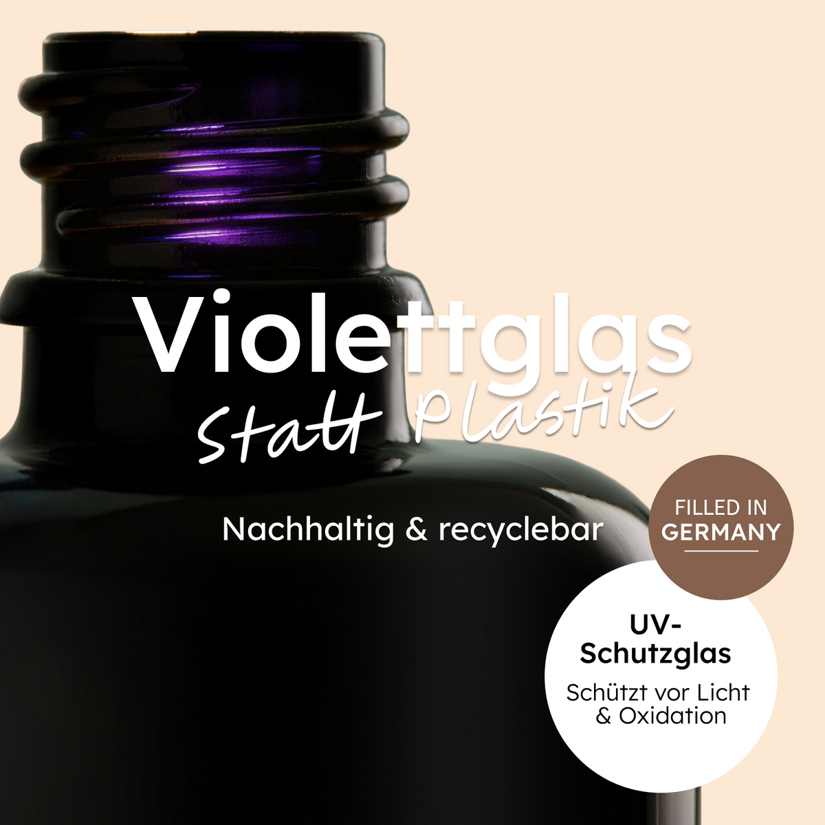 Violettglas schützt Bio-Mandelöl vor Licht; in Deutschland abgefüllt.