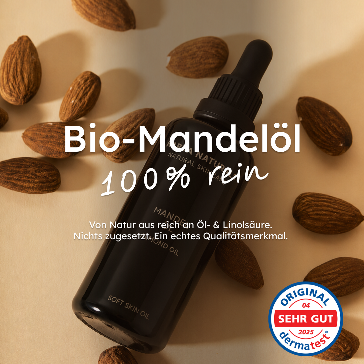 Bio-Mandelöl mit Mandeln und Dermatest-Siegel sehr gut, April 2025.
