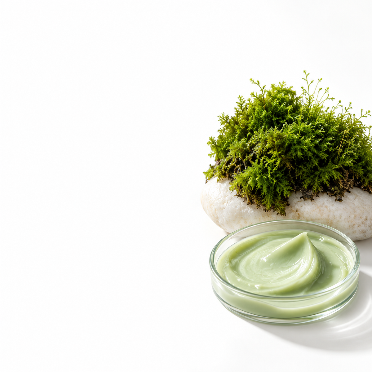 Botanisches Symbolmotiv: grünes Moos und eine Schale heller Creme auf weißem Hintergrund