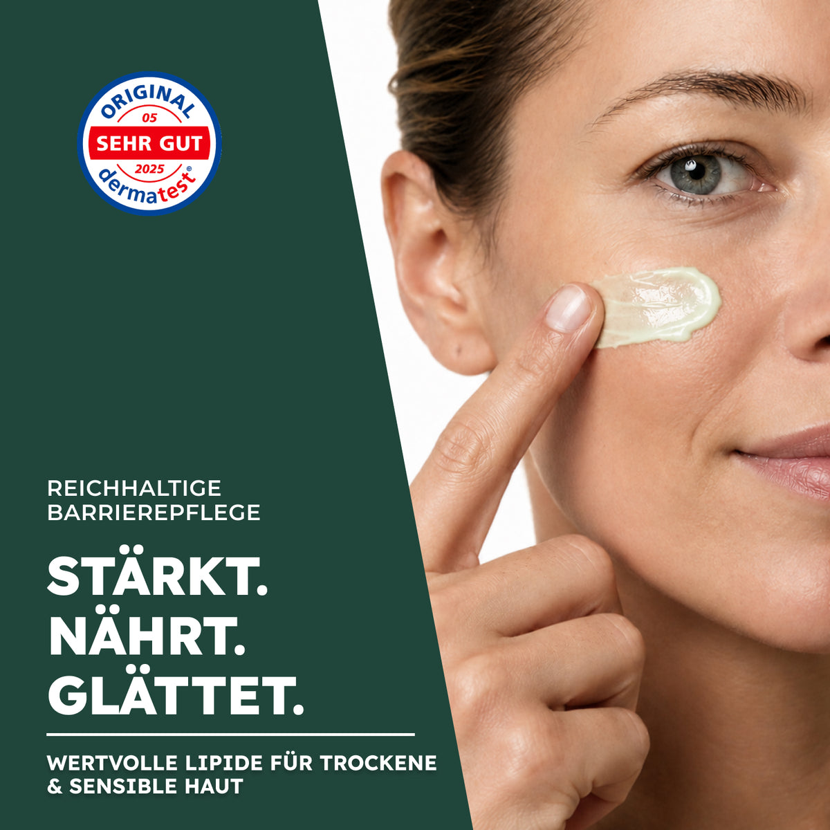 Kapua Mooscreme: Frau beim Auftragen der Creme, Hautbarriere-Pflege und Dermatest-Siegel Mai 2025