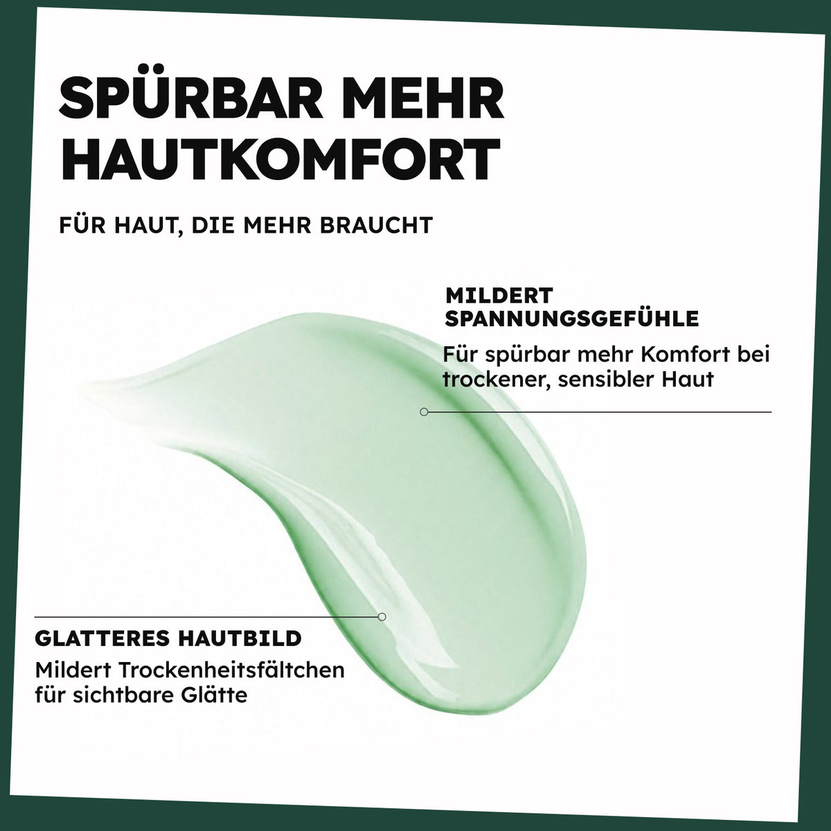 Mooscreme-Textur mit Informationen zu Feuchtigkeit und Hautkomfort