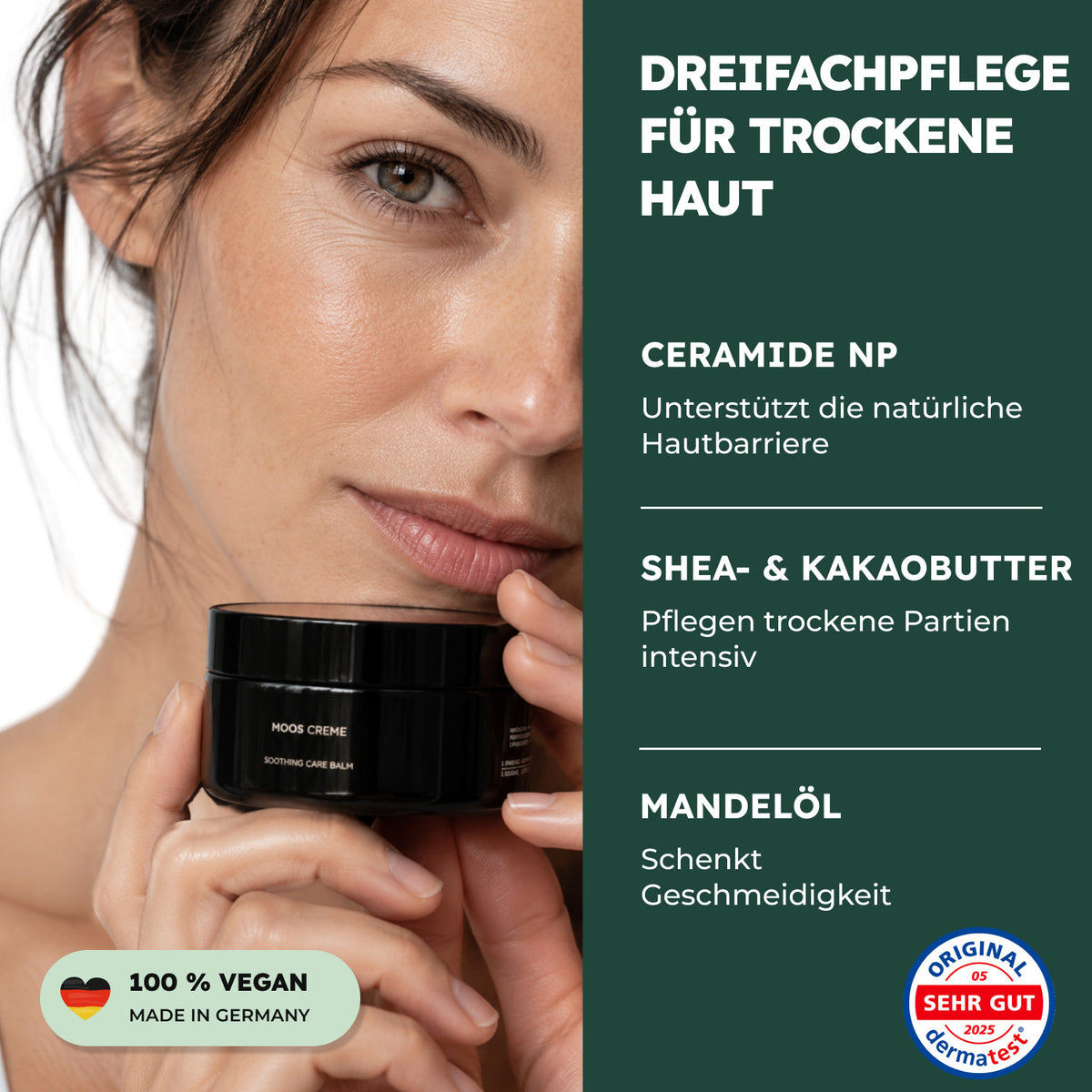 Frau mit Kapua Mooscreme und Übersicht zu Ceramiden, Shea- und Kakaobutter sowie Mandelöl
