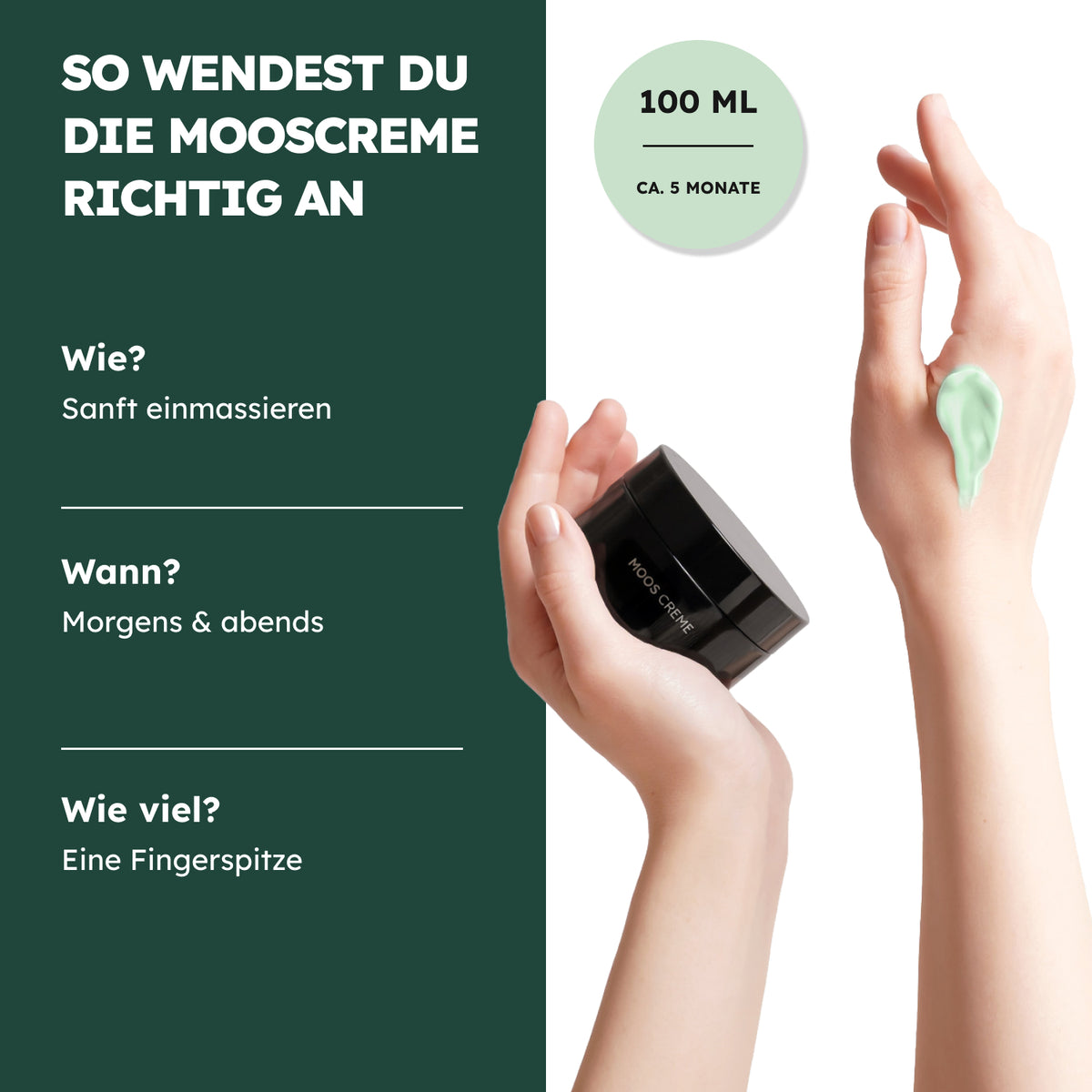 Hände mit geöffnetem Mooscreme-Tiegel und Hinweise zur Anwendung morgens und abends
