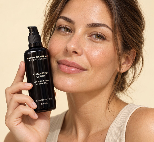 Model hält das Bio Niacinamid Serum neben ihr Gesicht vor hellem Hintergrund