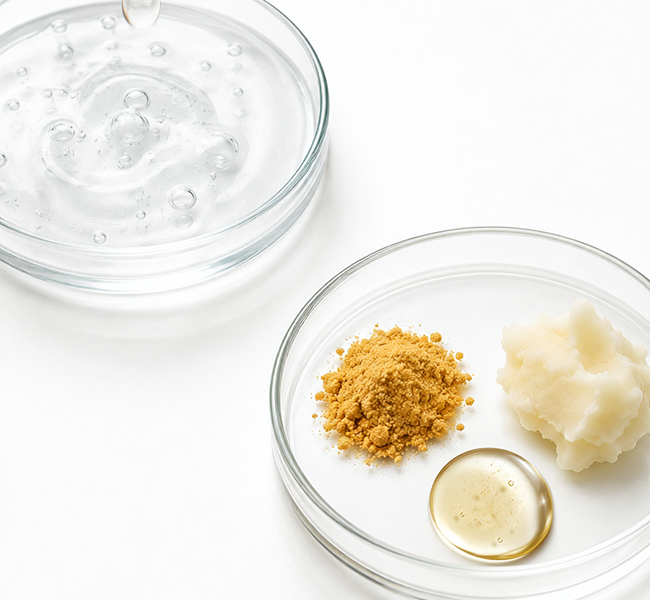 Hyaluron-Gel, Q10, Sheabutter und Pflegeöl in gläsernen Petrischalen