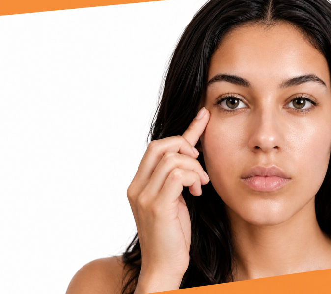 Model berührt die Haut neben dem Auge vor weißem Hintergrund mit orangefarbenem Rahmen