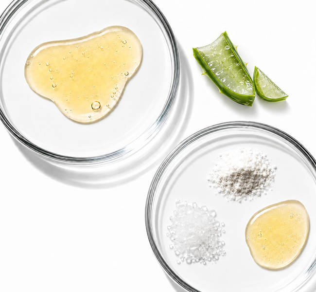 Retinol-Serum, Bio-Aloe Vera und feuchtigkeitsspendende Formelbestandteile in Glasschalen auf weißem Hintergrund