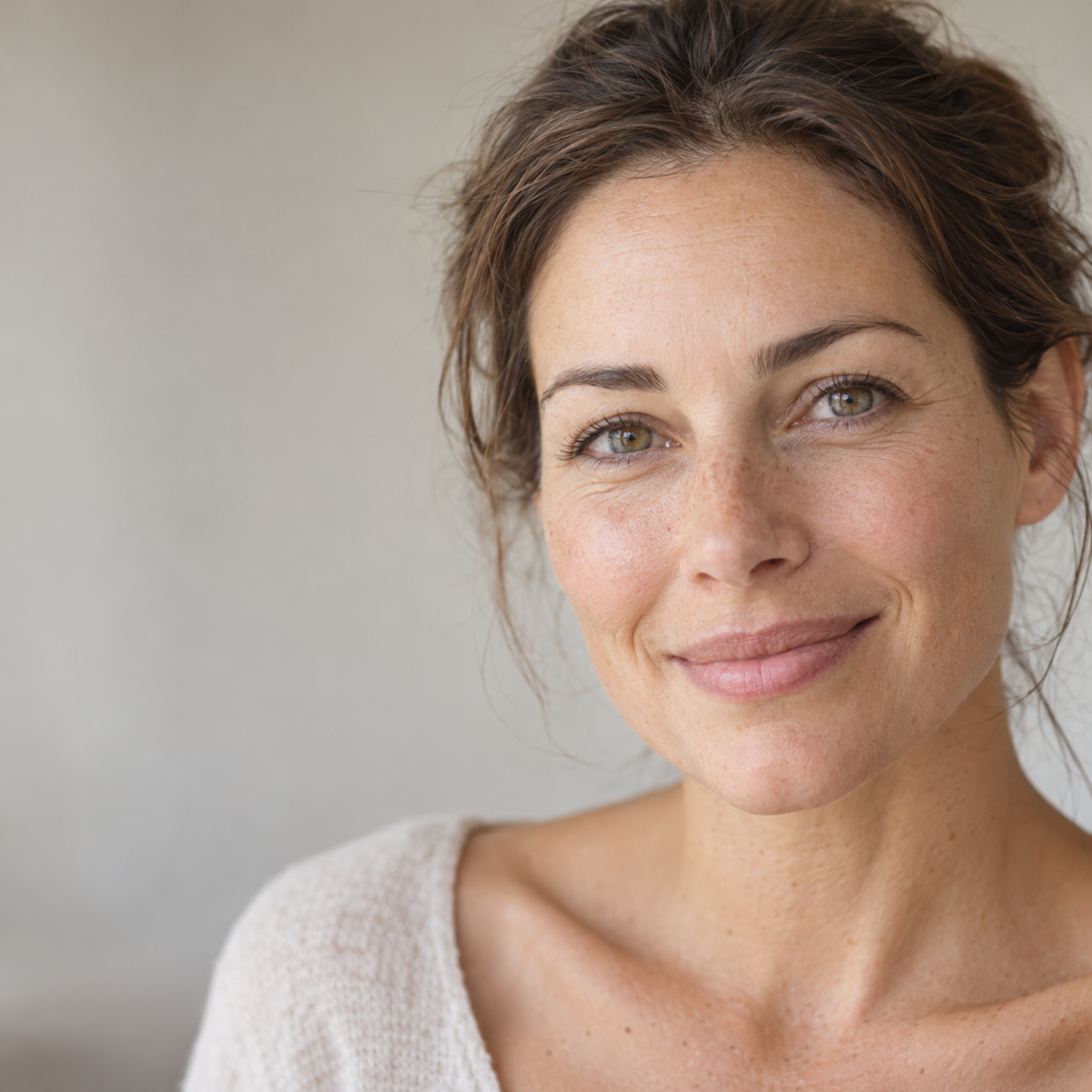 Natürliches Hautpflege-Porträt mit dezenter Hautstruktur und ohne Serumtropfen für das Kapua Retinol Serum