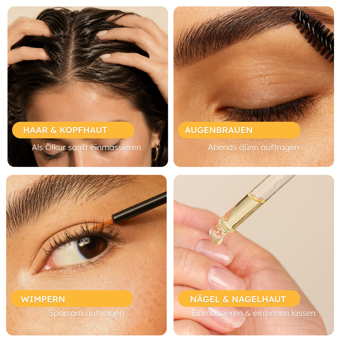 Anwendung von Rizinusöl an Kopfhaut, Augenbrauen, Wimpern und Nagelhaut
