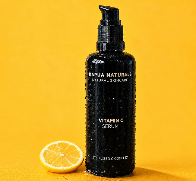 Vitamin C Serum mit Wassertropfen und Zitronenscheibe vor warmgelbem Hintergrund