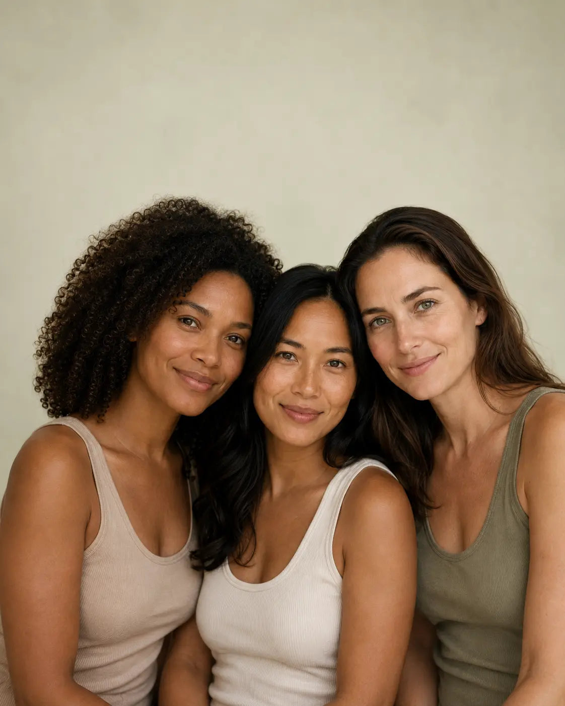 Drei Frauen gemeinsam vor einem hellen Hintergrund.