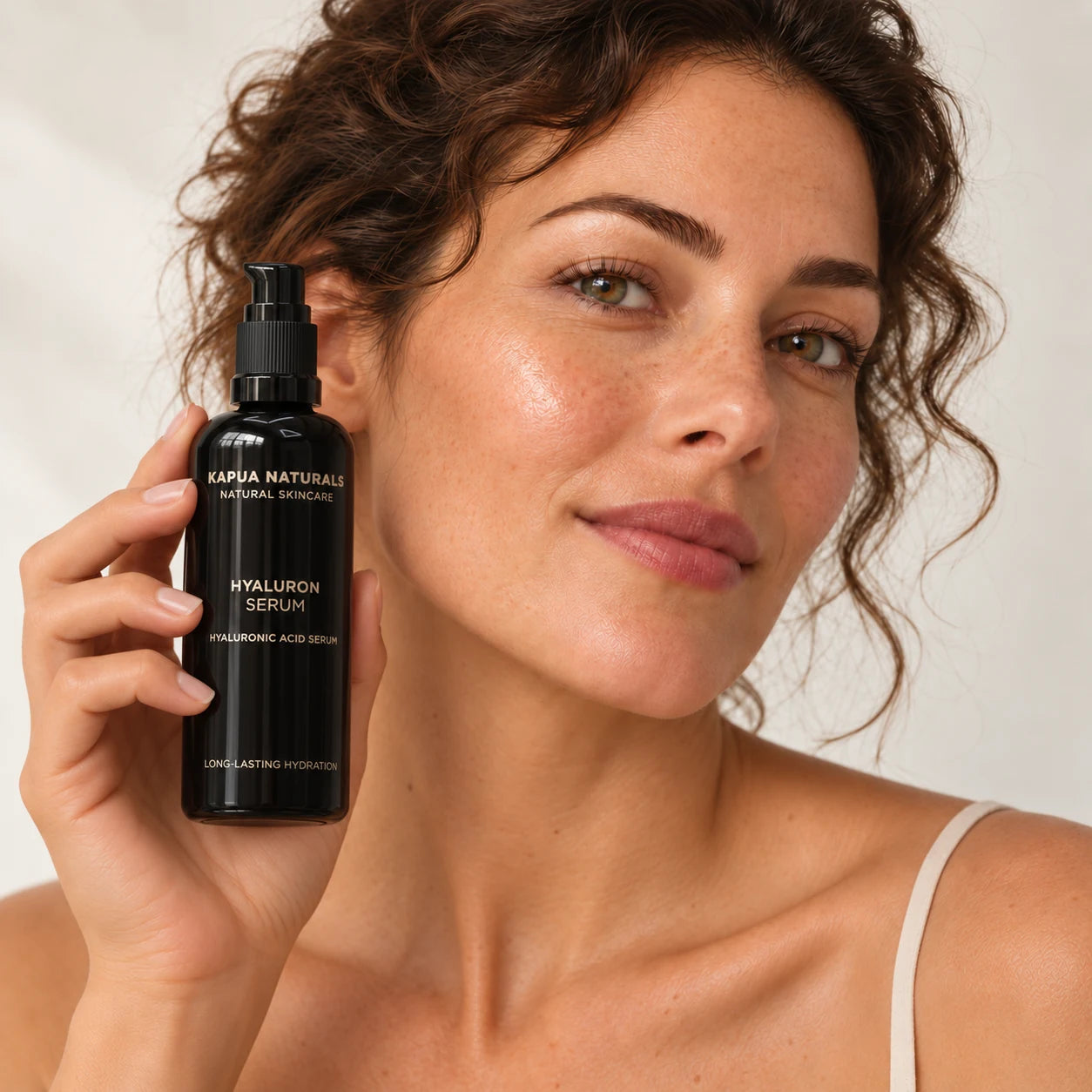 Eine Frau mit dunklen Locken hält eine schwarze Kapua Hyaluron-Serum-Flasche neben ihr Gesicht