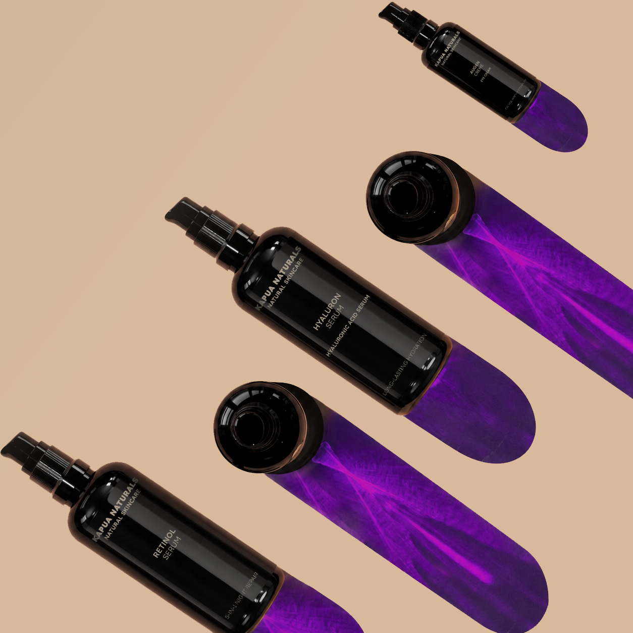 KAPUA Pflege im neuen Flaschendesign mit violetten Lichtreflexen.